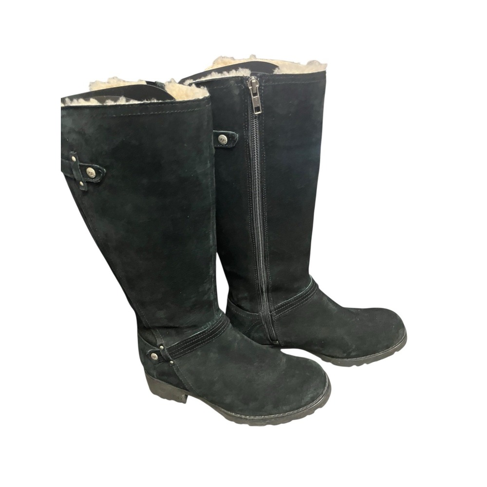 UGG Suede Jillian Shearling Lined Blk Western Biker Hippy Zip Tall Boots Size  7
